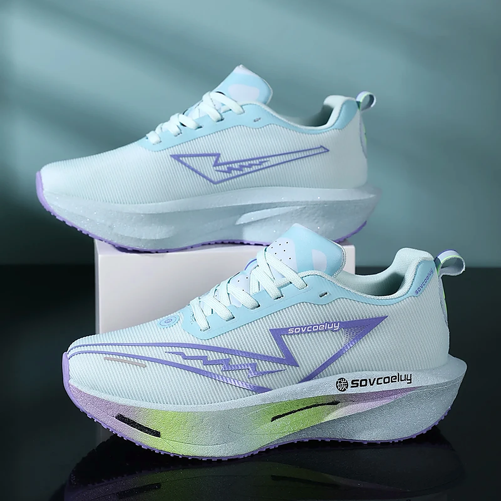 Sovcoeluy Velocity Runner in ice blue and purple, studio side profile